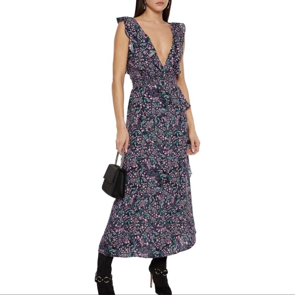 IRO NWT Santu Ruffled Shirred Crepe De Chine Maxi
Dress Black Pink Green Size 36